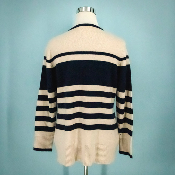 Sail To Sable Size large L Tan Blue Stripe Nautical Print Wool Cashmere Sweater - Picture 3 of 6